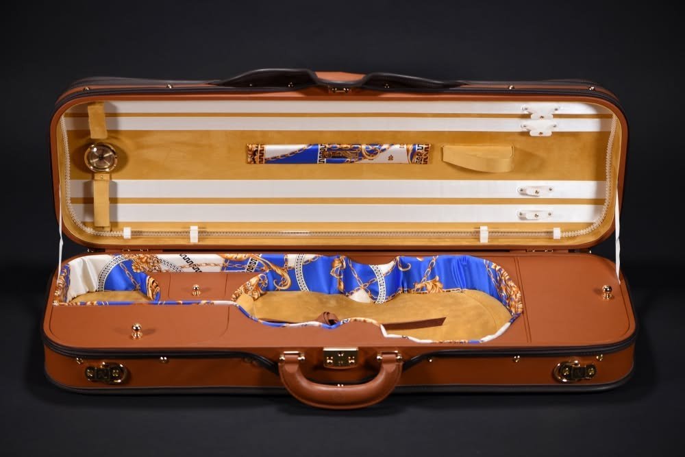 Diplomat Special Edition violin case in Havana brown Tuscan leather with mustard-gold interior