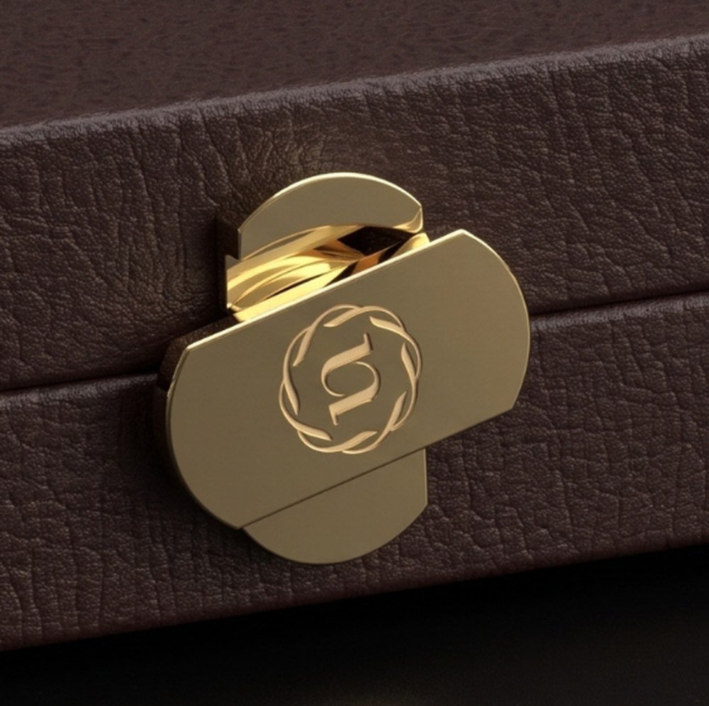 negri-bow1-clasp-open Spona s monogramem koženého pouzdra na smyčec, uvolněná